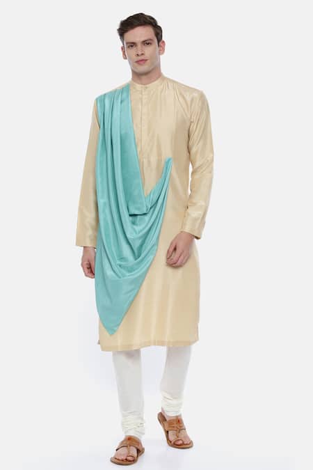 Mayank Modi - Men_Beige Silk, Linen Draped Kurta Set_Online_at_Aza_Fashions