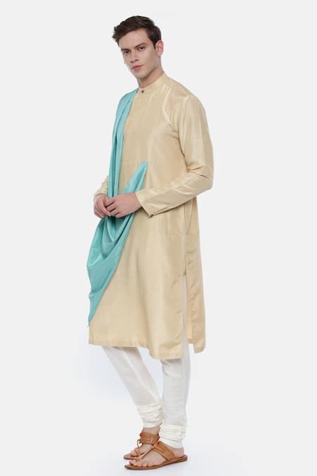Buy_Mayank Modi - Men_Beige Silk, Linen Draped Kurta Set_Online_at_Aza_Fashions