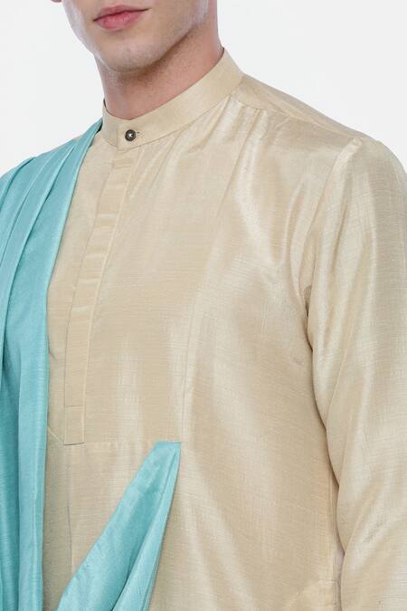 Shop_Mayank Modi - Men_Beige Silk, Linen Draped Kurta Set_Online_at_Aza_Fashions