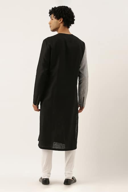 Shop Mayank Modi - Men Black Silk Cotton Colorblock Kurta Set at Aza Fashions Shop_Mayank Modi - Men_Black Silk Cotton Colorblock Kurta Set _at_Aza_Fashions