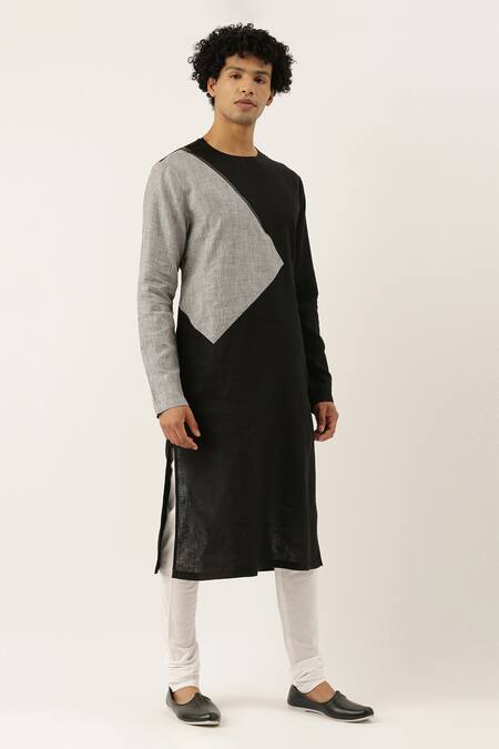 Mayank Modi - Men Black Silk Cotton Colorblock Kurta Set Online at Aza Fashions Mayank Modi - Men_Black Silk Cotton Colorblock Kurta Set _Online_at_Aza_Fashions