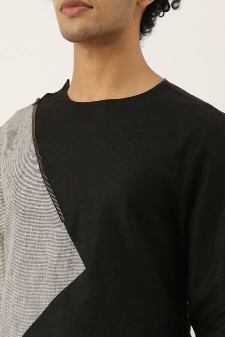 Shop Mayank Modi - Men Black Silk Cotton Colorblock Kurta Set Online at Aza Fashions Shop_Mayank Modi - Men_Black Silk Cotton Colorblock Kurta Set _Online_at_Aza_Fashions