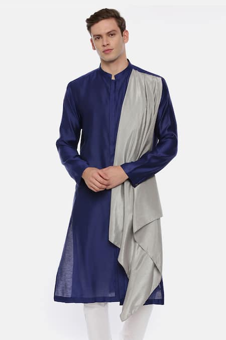 Mayank Modi - Men Blue Silk Draped Kurta Set 