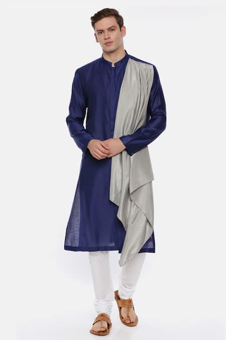 Mayank Modi - Men Blue Silk, Linen Draped Kurta Set Online at Aza Fashions Mayank Modi - Men_Blue Silk, Linen Draped Kurta Set_Online_at_Aza_Fashions