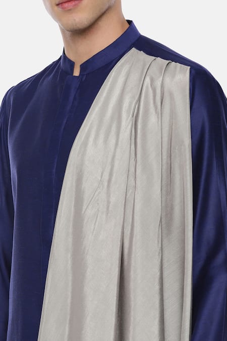 Shop Mayank Modi - Men Blue Silk, Linen Draped Kurta Set Online at Aza Fashions Shop_Mayank Modi - Men_Blue Silk, Linen Draped Kurta Set_Online_at_Aza_Fashions