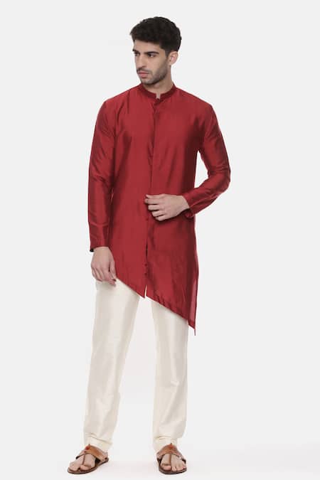 Mayank Modi - Men Red Silk Plain Cotton Kurta Set 