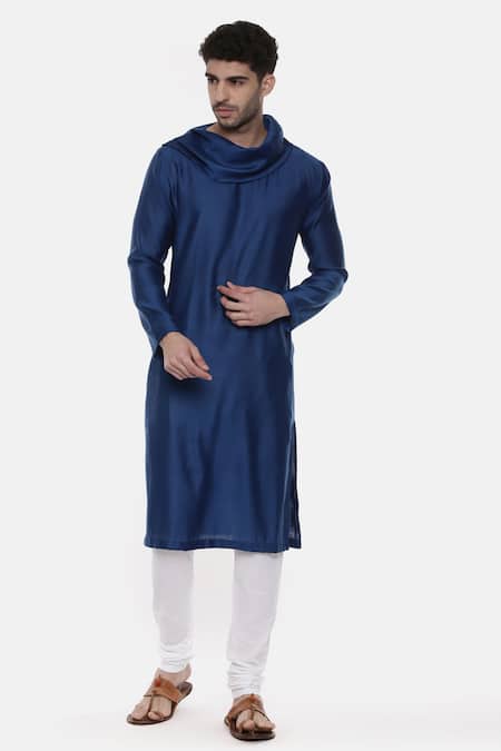 Mayank Modi - Men Blue Linen Silk Plain Cowl Neck Kurta Set 