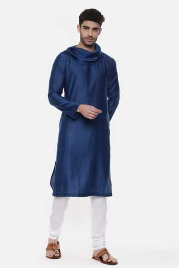 Mayank Modi - Men_Blue Linen Silk Cowl Neck Kurta Set_Online_at_Aza_Fashions