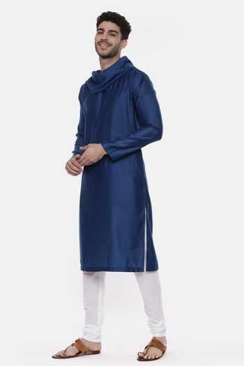 Buy_Mayank Modi - Men_Blue Linen Silk Cowl Neck Kurta Set_Online_at_Aza_Fashions