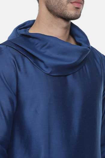 Mayank Modi - Men_Blue Linen Silk Cowl Neck Kurta Set_at_Aza_Fashions