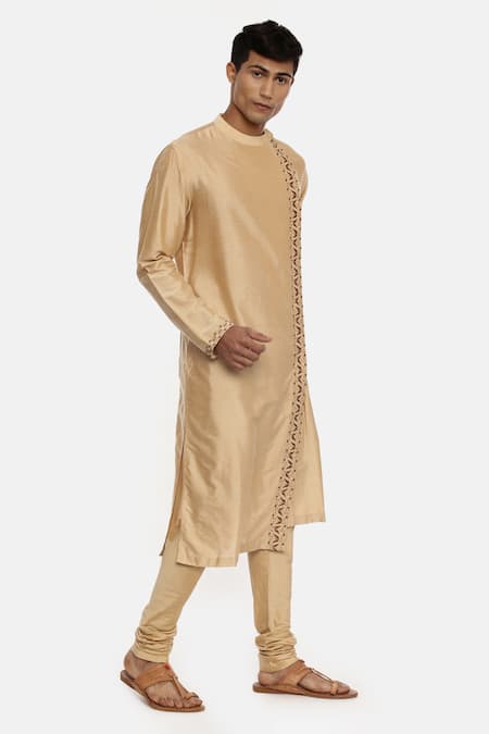 Mayank Modi - Men_Gold Silk Cotton Kurta Set_Online_at_Aza_Fashions