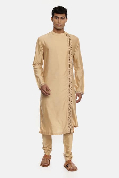 Shop_Mayank Modi - Men_Gold Silk Cotton Kurta Set_Online_at_Aza_Fashions