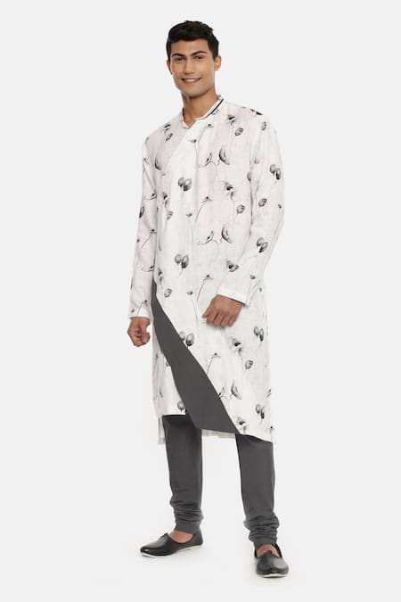 Shop_Mayank Modi - Men_White Linen Kurta Set_Online_at_Aza_Fashions
