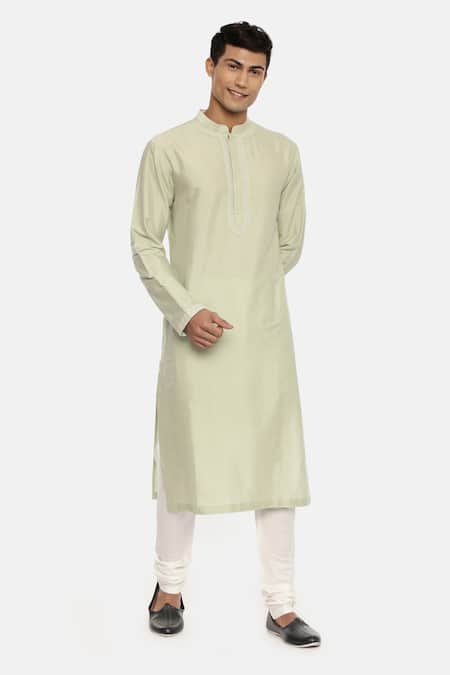 Shop_Mayank Modi - Men_Green Silk Cotton Kurta Set_Online_at_Aza_Fashions