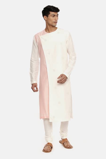 Mayank Modi - Men White Silk Cotton Overlap Kurta Set 