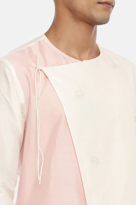 Mayank Modi - Men_White Silk Cotton Overlap Kurta Set _at_Aza_Fashions