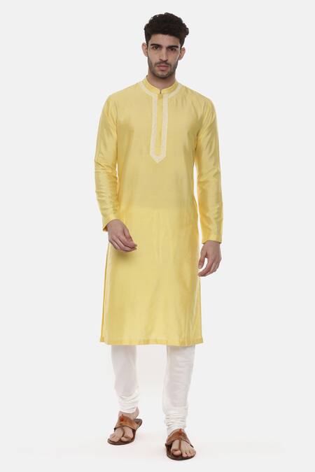 Buy_Mayank Modi - Men_Yellow Linen Silk Floral Kurta Set _Online_at_Aza_Fashions