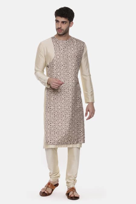 Buy_Mayank Modi - Men_Beige Silk Cotton Geometric Printed Kurta Set_Online_at_Aza_Fashions