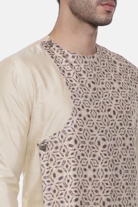 Shop_Mayank Modi - Men_Beige Silk Cotton Geometric Printed Kurta Set_Online_at_Aza_Fashions