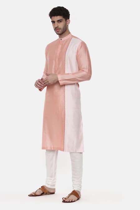 Mayank Modi - Men_Pink Silk Cotton Colorblock Kurta Set _Online_at_Aza_Fashions
