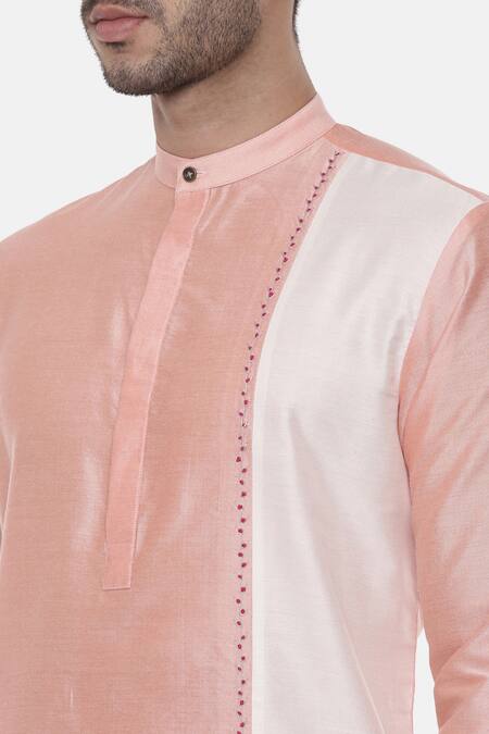 Mayank Modi - Men_Pink Silk Cotton Colorblock Kurta Set _at_Aza_Fashions