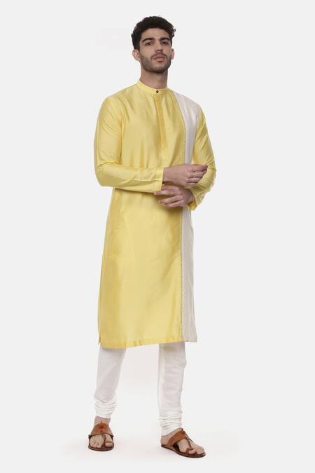 Mayank Modi - Men_Yellow Silk Organza, Silk, Cotton Embroidery Colorblock Kurta Set For Kids_Online_at_Aza_Fashions