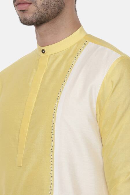 Mayank Modi - Men_Yellow Silk Organza, Silk, Cotton Embroidery Colorblock Kurta Set For Kids_at_Aza_Fashions