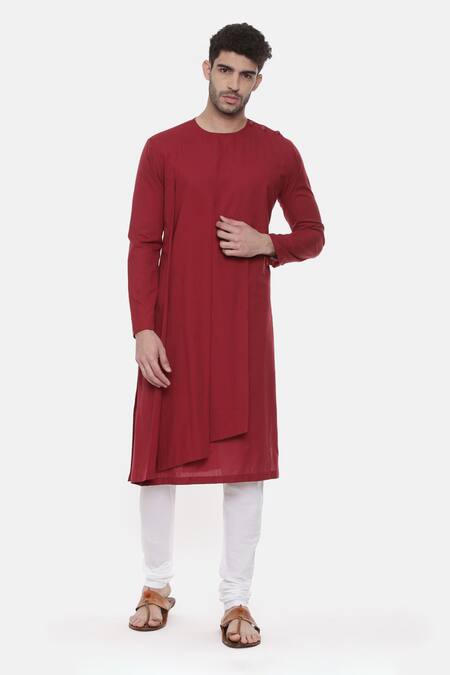 Mayank Modi - Men Red Malai Cotton Plain Full Sleeve Kurta Set 