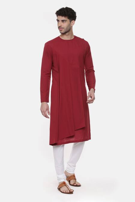 Mayank Modi - Men_Red Cotton Full Sleeve Kurta Set_Online_at_Aza_Fashions