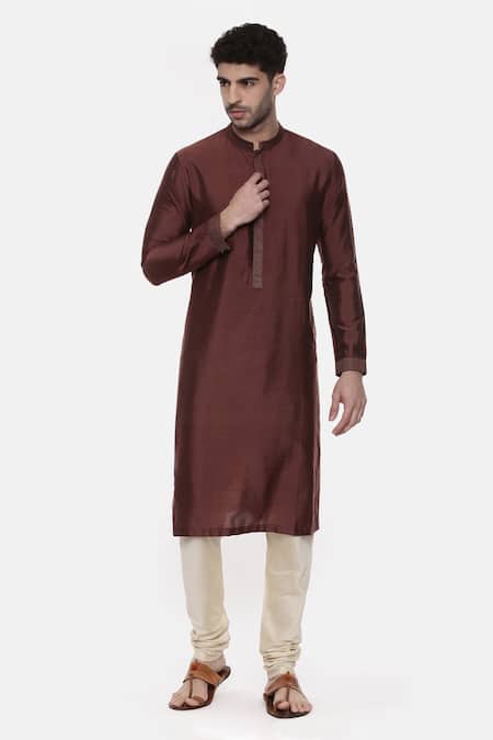 Mayank Modi - Men Brown Silk Cotton Plain Full Sleeve Kurta Set 