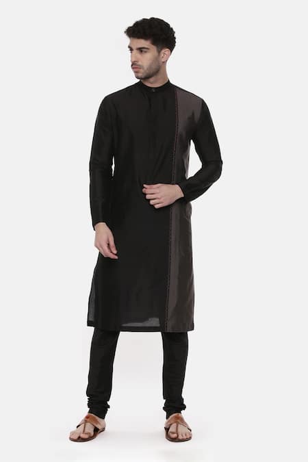 Mayank Modi - Men Black Silk Cotton Plain Colorblock Kurta Set 