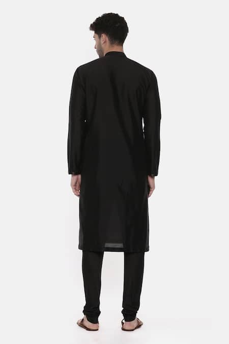 Shop_Mayank Modi - Men_Black Silk Cotton Colorblock Kurta Set _at_Aza_Fashions