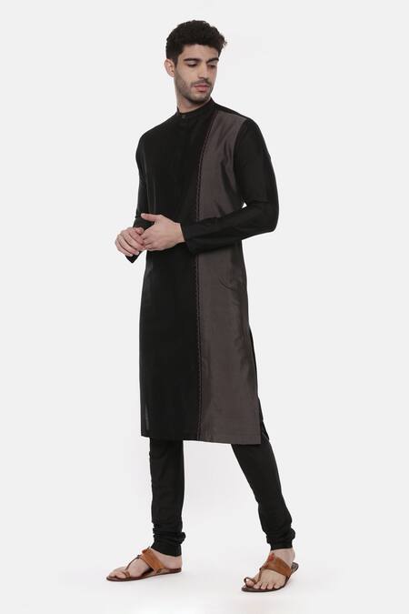 Mayank Modi - Men_Black Silk Cotton Colorblock Kurta Set _Online_at_Aza_Fashions