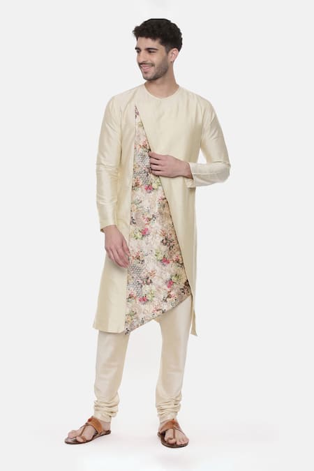 Mayank Modi - Men Beige Silk Cotton Printed Floral Asymmetric Kurta Set 