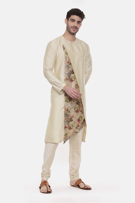 Mayank Modi - Men_Beige Chanderi, Silk Cotton Floral Print Asymmetric Kurta Set_Online_at_Aza_Fashions