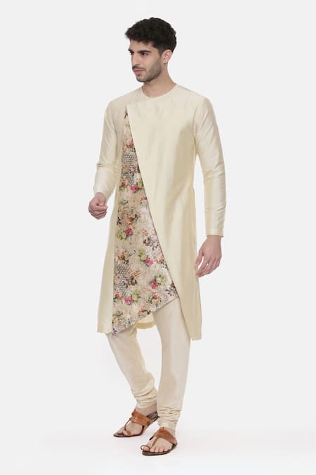 Buy_Mayank Modi - Men_Beige Chanderi, Silk Cotton Floral Print Asymmetric Kurta Set_Online_at_Aza_Fashions