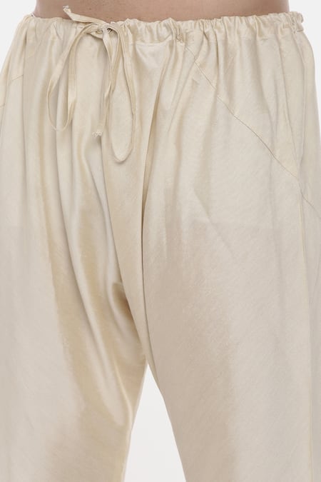 Shop_Mayank Modi - Men_Beige Chanderi, Silk Cotton Floral Print Asymmetric Kurta Set_Online_at_Aza_Fashions