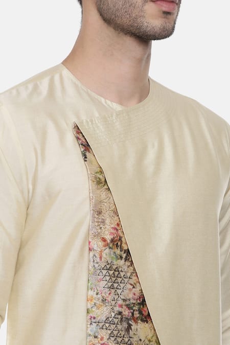 Mayank Modi - Men_Beige Chanderi, Silk Cotton Floral Print Asymmetric Kurta Set_at_Aza_Fashions