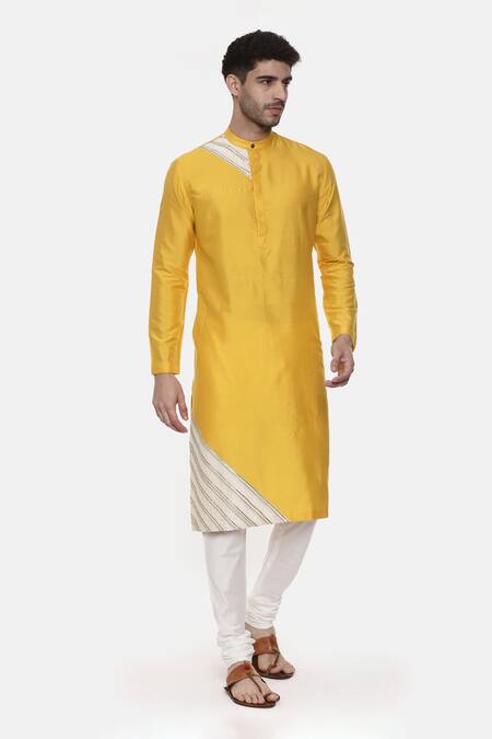 Mayank Modi - Men_Yellow Chanderi, Silk Embroidery Colorblock Kurta Set For Kids_Online_at_Aza_Fashions