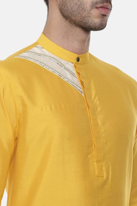 Mayank Modi - Men_Yellow Chanderi, Silk Embroidery Colorblock Kurta Set For Kids_at_Aza_Fashions