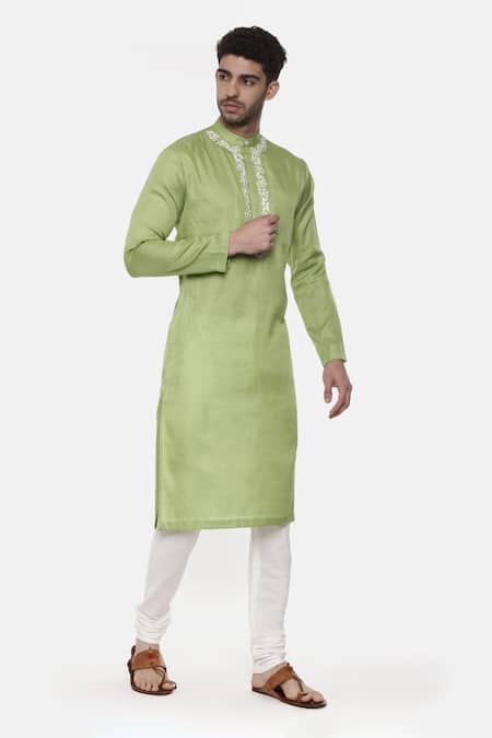 Mayank Modi - Men_Green Linen Silk Floral Kurta Set_Online_at_Aza_Fashions