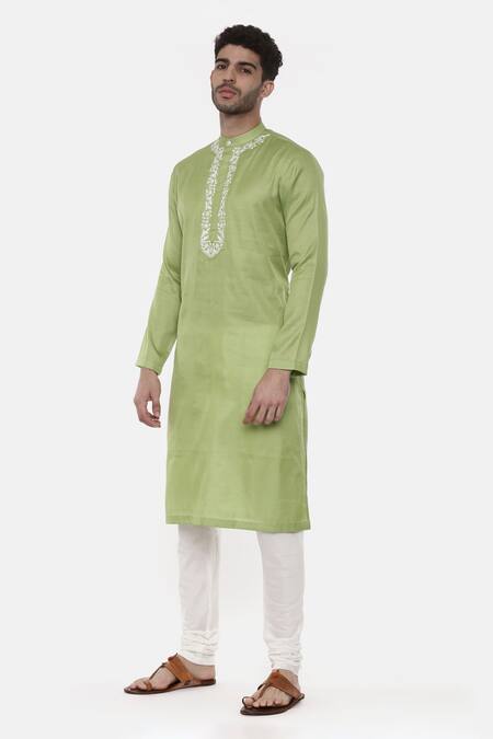 Buy_Mayank Modi - Men_Green Linen Silk Floral Kurta Set_Online_at_Aza_Fashions