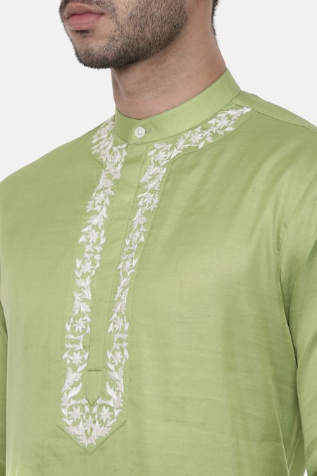Mayank Modi - Men_Green Linen Silk Floral Kurta Set_at_Aza_Fashions