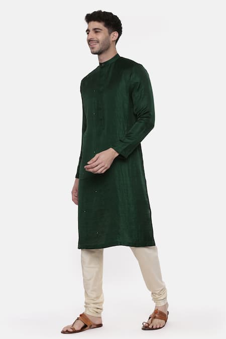 Mayank Modi - Men_Green Silk Slub Mukaish Work Kurta Set _Online_at_Aza_Fashions