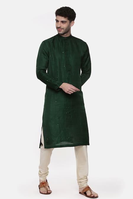 Buy_Mayank Modi - Men_Green Silk Slub Mukaish Work Kurta Set _Online_at_Aza_Fashions