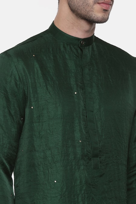 Mayank Modi - Men_Green Silk Slub Mukaish Work Kurta Set _at_Aza_Fashions