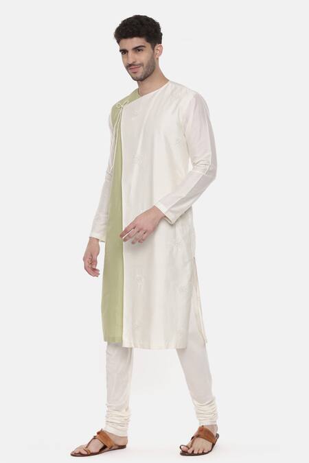 Mayank Modi - Men_White Chanderi, Silk Cotton Colorblock Tie Up Kurta Set_Online_at_Aza_Fashions