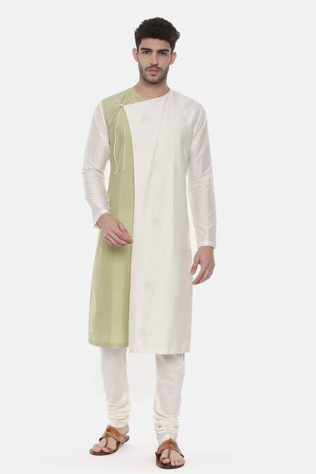 Buy_Mayank Modi - Men_White Chanderi, Silk Cotton Colorblock Tie Up Kurta Set_Online_at_Aza_Fashions