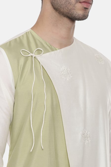Mayank Modi - Men_White Chanderi, Silk Cotton Colorblock Tie Up Kurta Set_at_Aza_Fashions