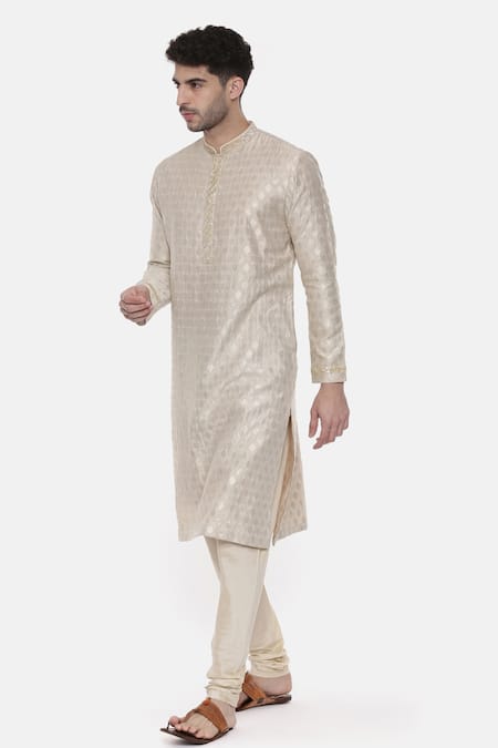 Mayank Modi - Men_Beige Banarasi Silk Brocade Floral Kurta Set _Online_at_Aza_Fashions